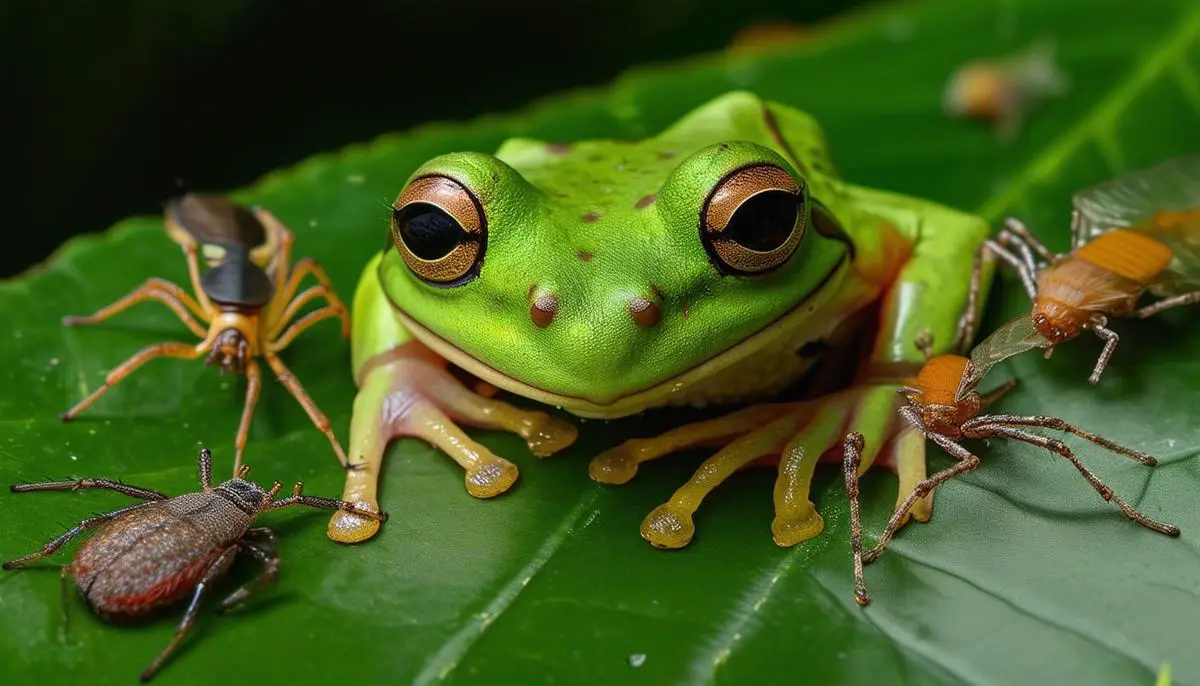 A tree frog surrounded by various insects and spiders on a large leaf