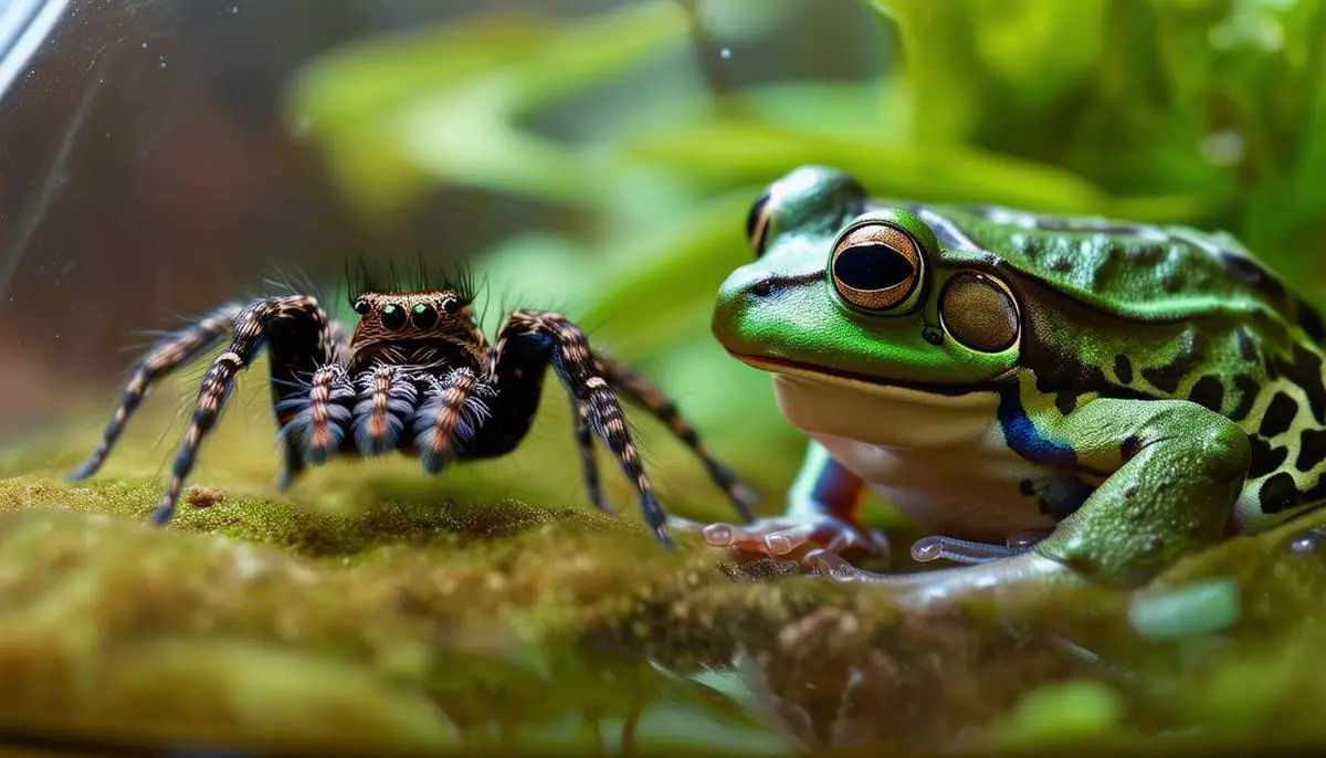 A pet frog in a terrarium eyeing a potentially dangerous spider