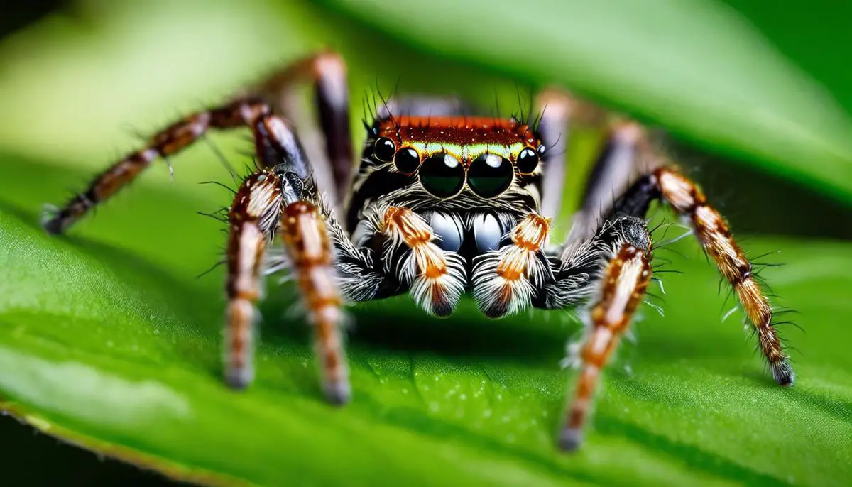 Close-up image of a jumping spider on a green leaf.