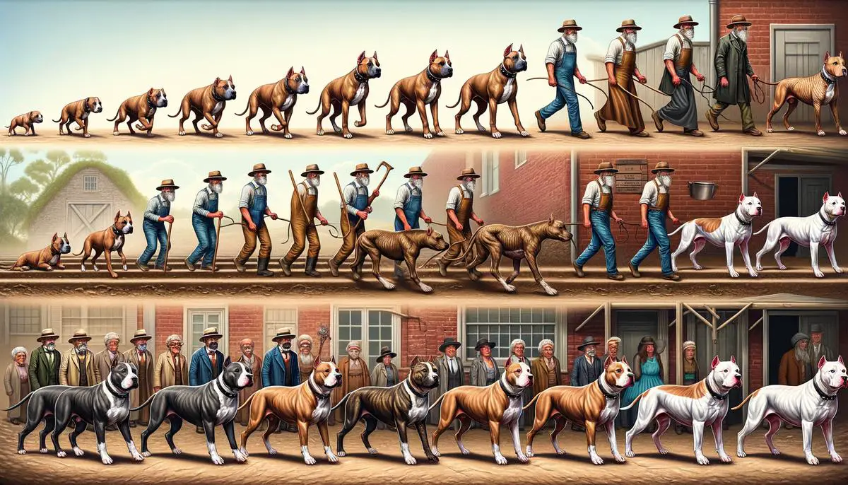 A group image showing the history and evolution of pit bulls from bull-baiting to farm helpers and loyal companions