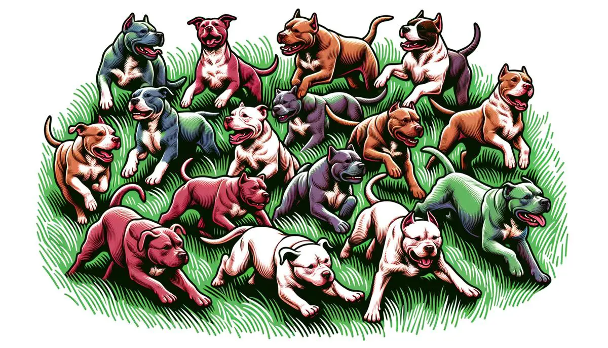 A group of pit bulls of different colors and sizes playing together happily in a green field