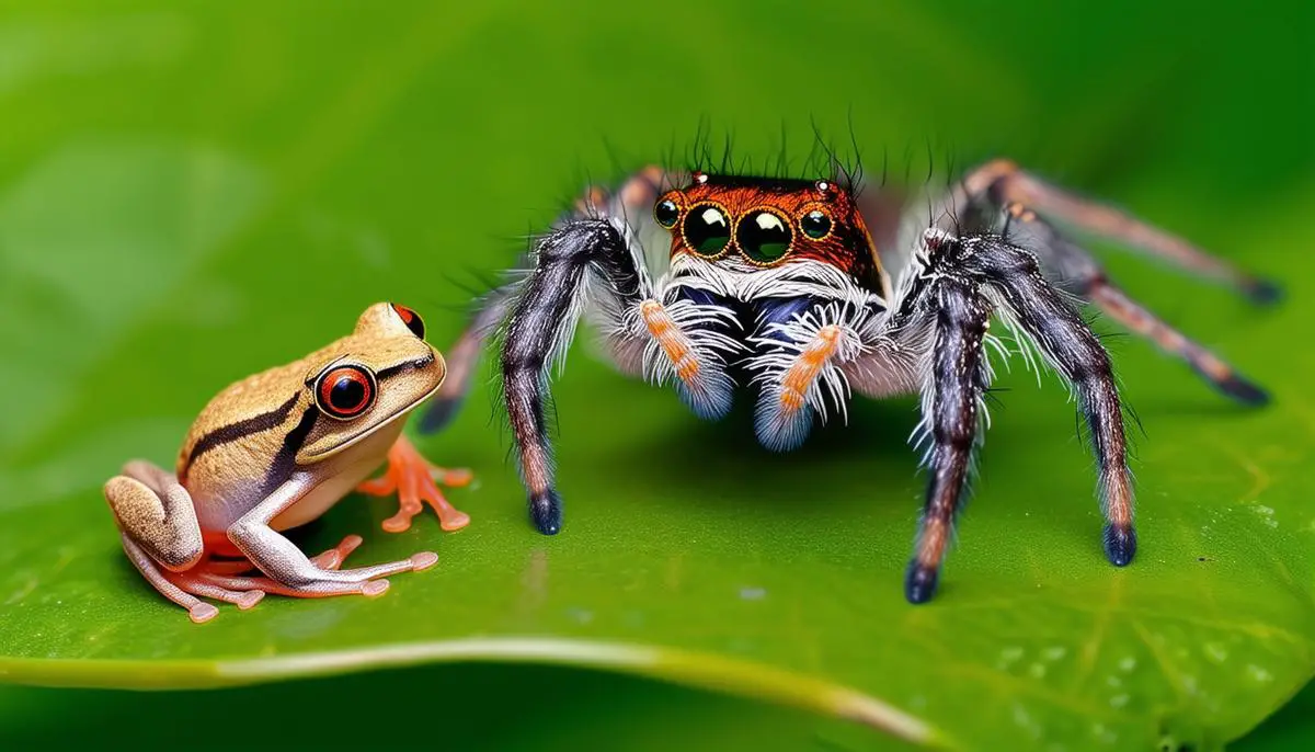 A regal jumping spider preparing to attack a small tree frog on a leaf