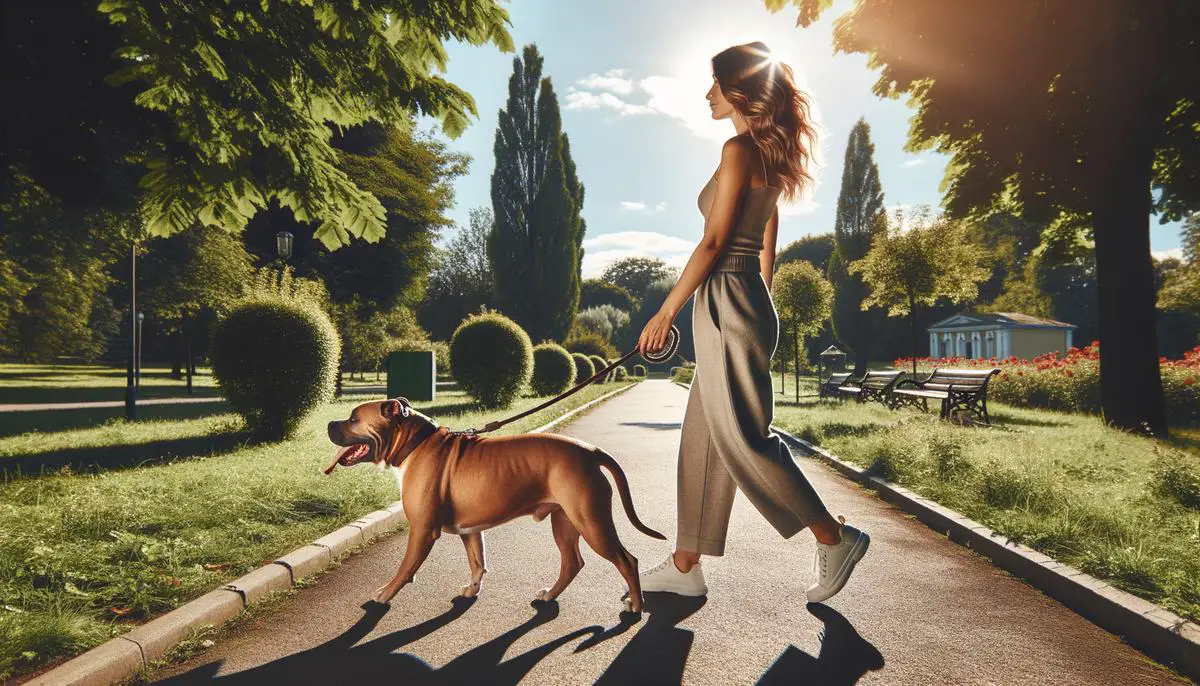 An image of a responsible pit bull owner taking their dog for a walk on a sunny day